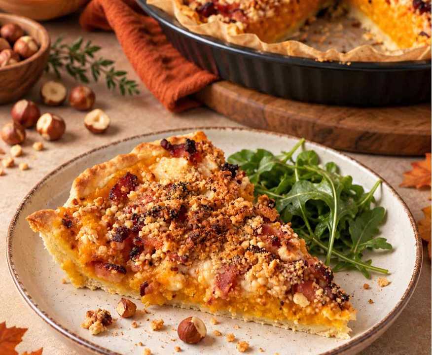 Tarte butternut, chèvre, lardons & noisettes